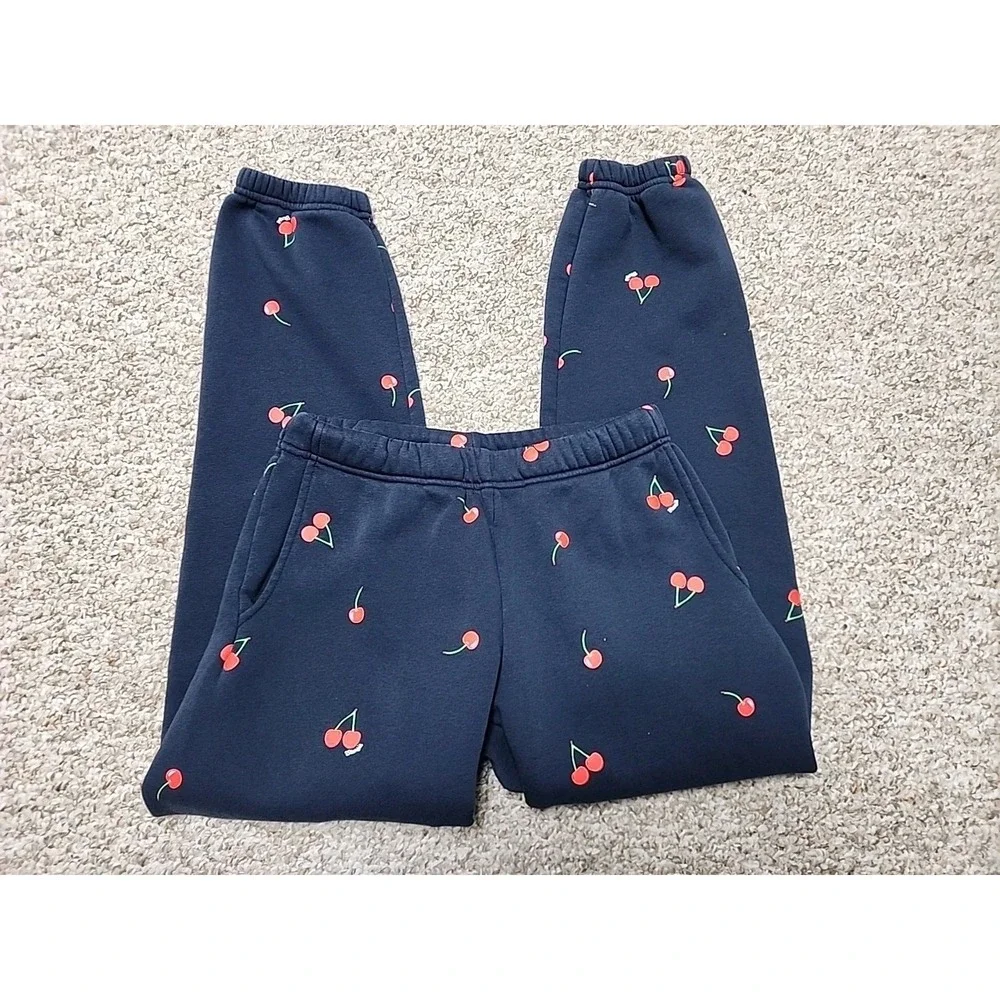 Starfit‎ Navy Blue Cherry Print Matching Set XS Cotton Blend Hoodie Joggers